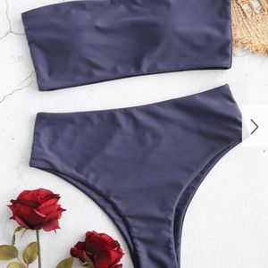 Blue Gray High-Waisted Bandeau Bikini Set